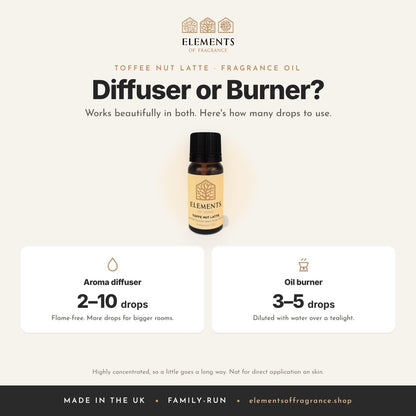 Toffee Nut Latte Fragrance Oil: diffuser or burner guide, 2 to 10 drops in a diffuser, 3 to 5 drops in a burner