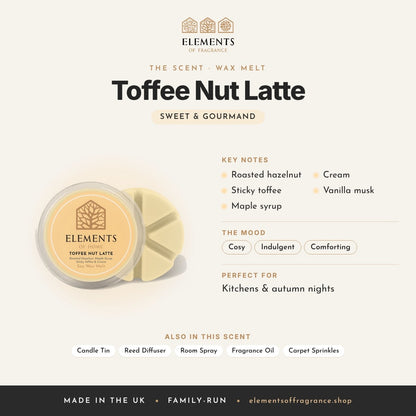 Toffee Nut Latte Wax Melt scent profile: sweet & gourmand with notes of roasted hazelnut, sticky toffee, maple syrup, cream, vanilla musk