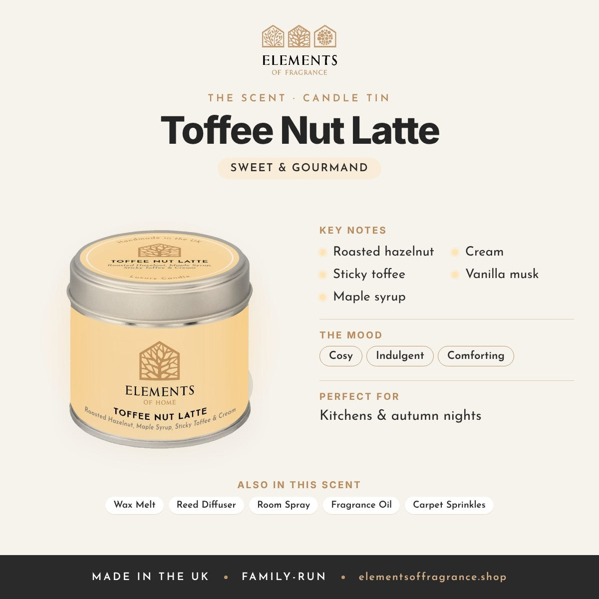 Toffee Nut Latte Candle Tin scent profile: sweet & gourmand with notes of roasted hazelnut, sticky toffee, maple syrup, cream, vanilla musk