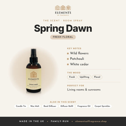 Spring Dawn Room Spray scent profile: fresh floral with notes of wild flowers, patchouli, white cedar