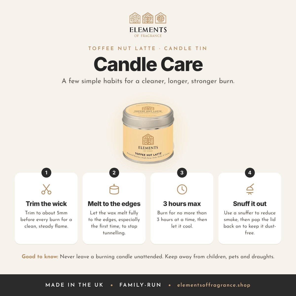 Candle care tips for the Toffee Nut Latte Candle Tin