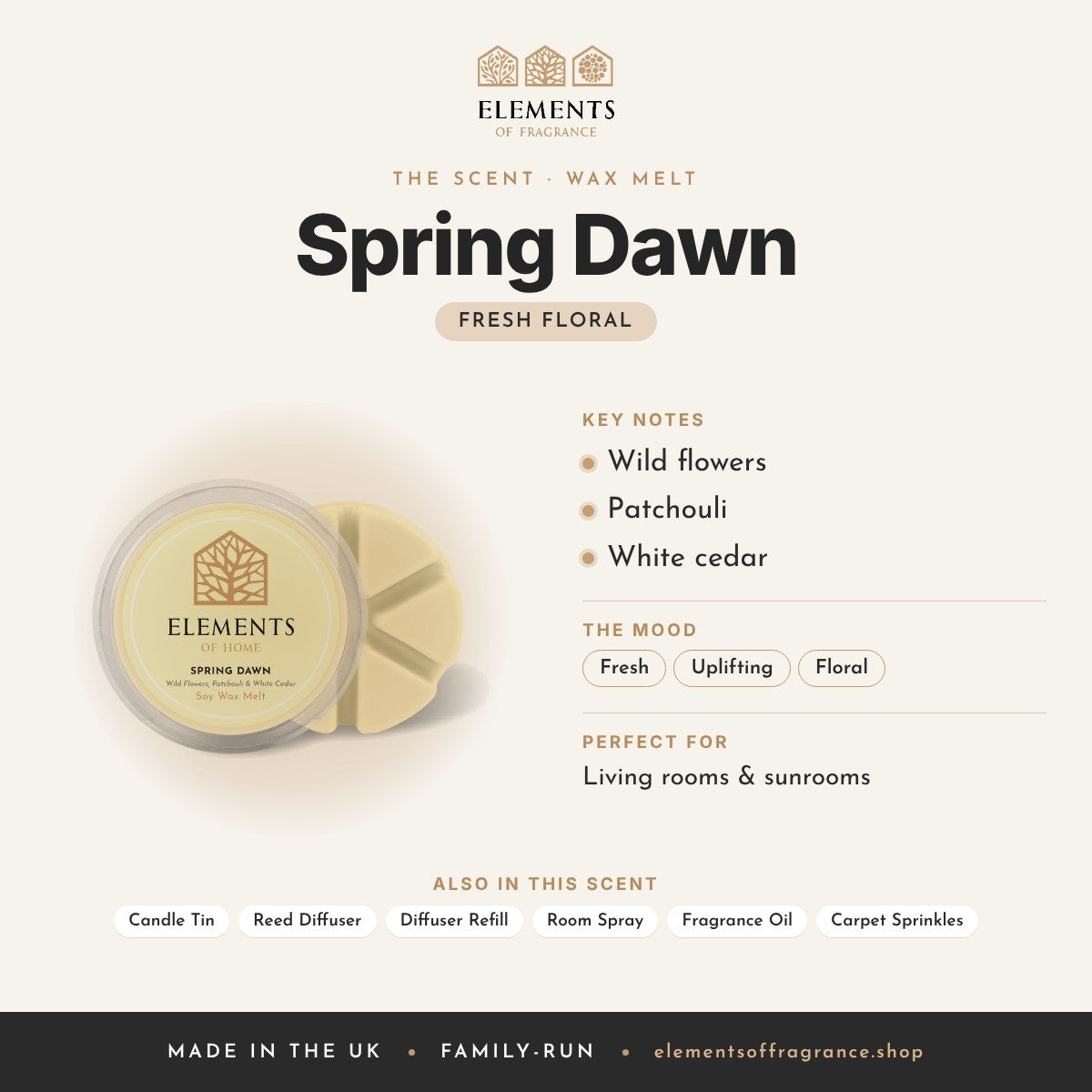 Spring Dawn Wax Melt scent profile: fresh floral with notes of wild flowers, patchouli, white cedar
