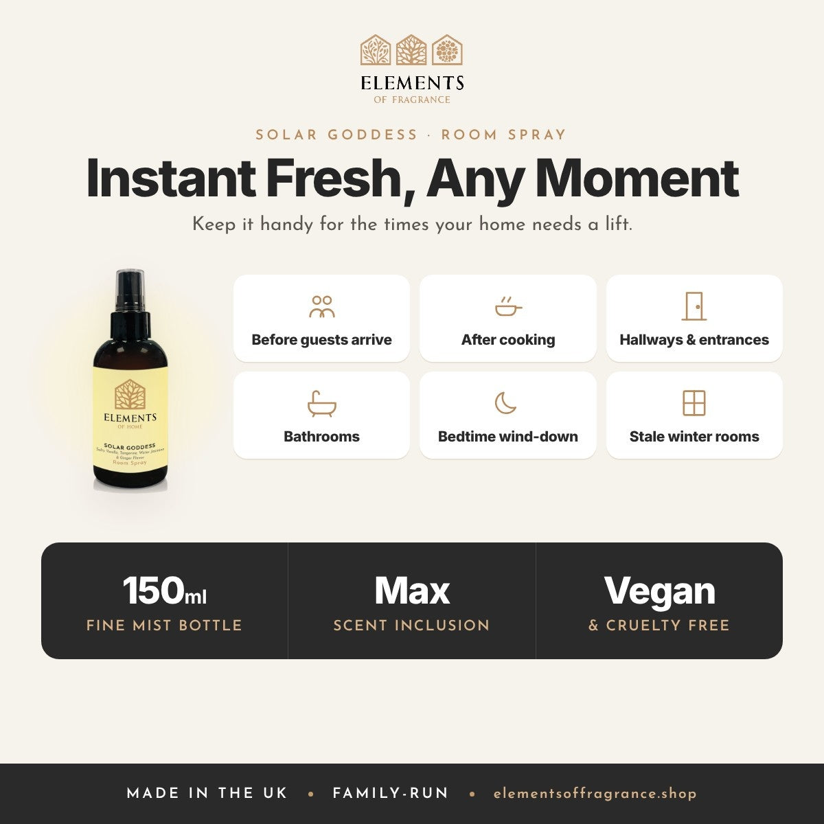 Solar Goddess Room Spray: when to spray, before guests, after cooking, hallways, bathrooms and more