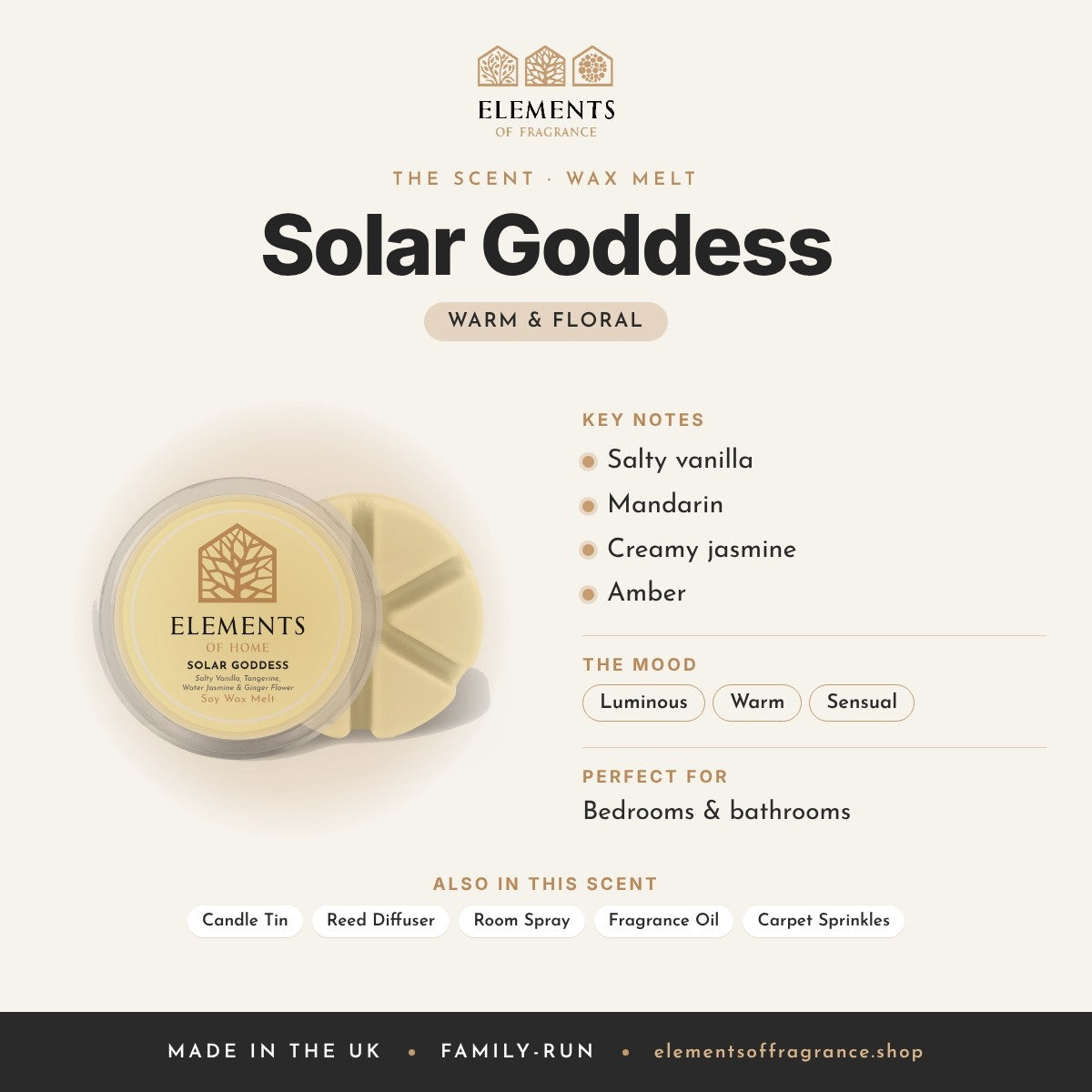 Solar Goddess Wax Melt scent profile: warm & floral with notes of salty vanilla, mandarin, creamy jasmine, amber