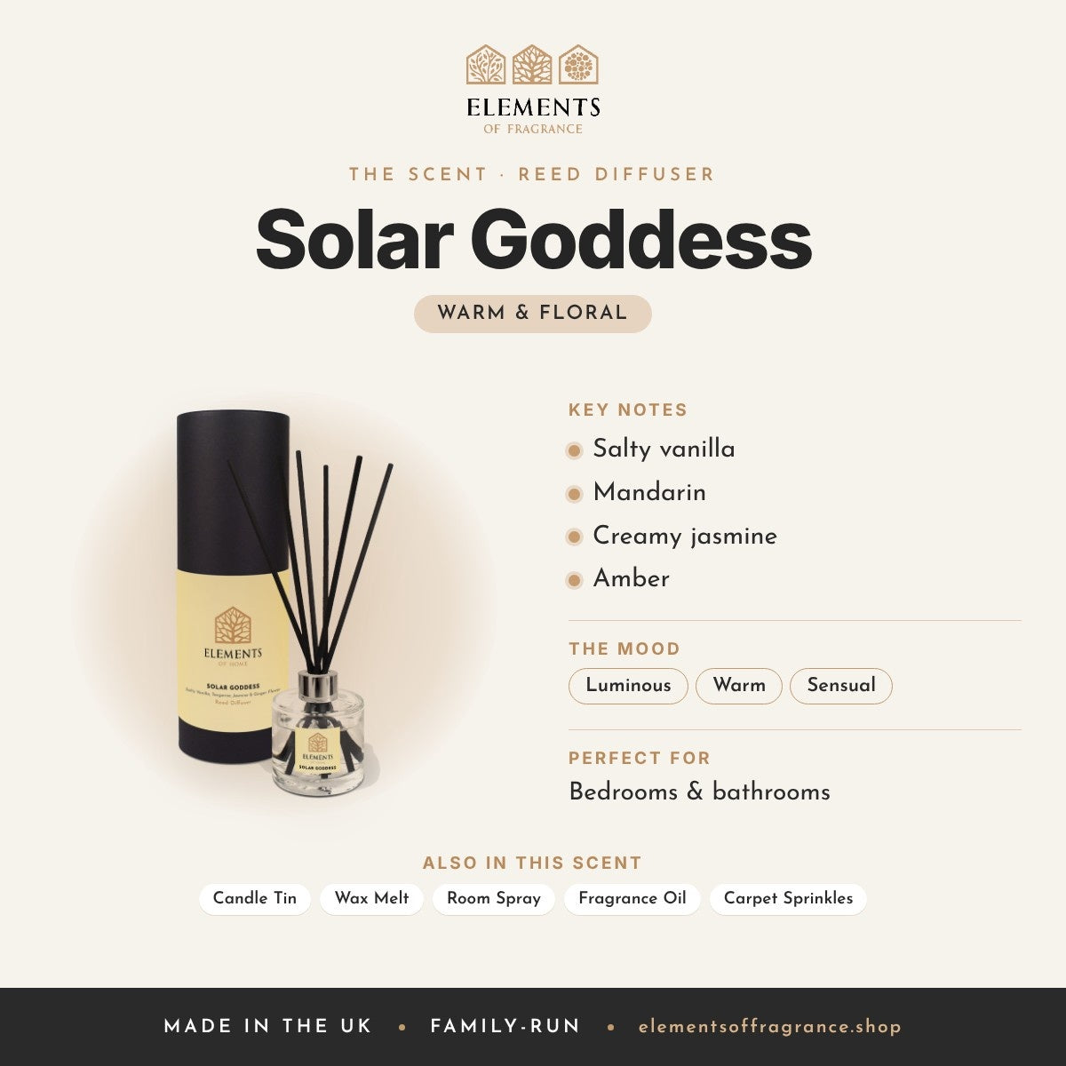 Solar Goddess Reed Diffuser scent profile: warm & floral with notes of salty vanilla, mandarin, creamy jasmine, amber