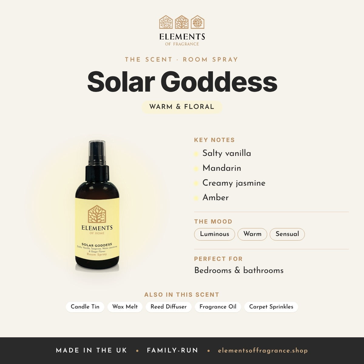 Solar Goddess Room Spray scent profile: warm & floral with notes of salty vanilla, mandarin, creamy jasmine, amber