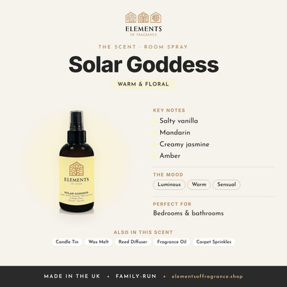 Solar Goddess Room Spray scent profile: warm & floral with notes of salty vanilla, mandarin, creamy jasmine, amber
