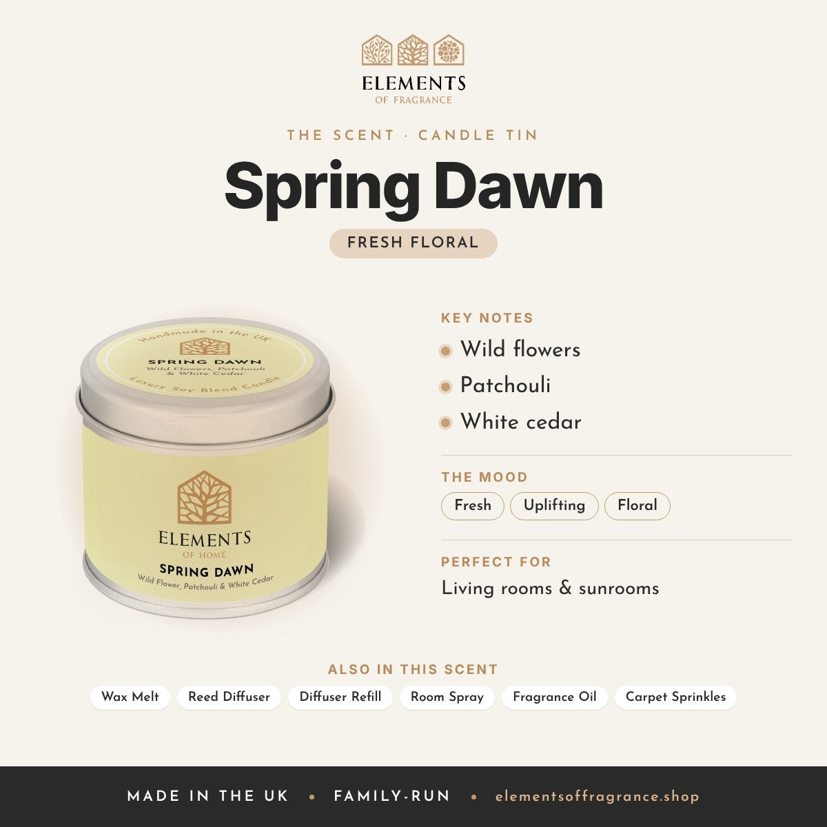 Spring Dawn Candle Tin scent profile: fresh floral with notes of wild flowers, patchouli, white cedar