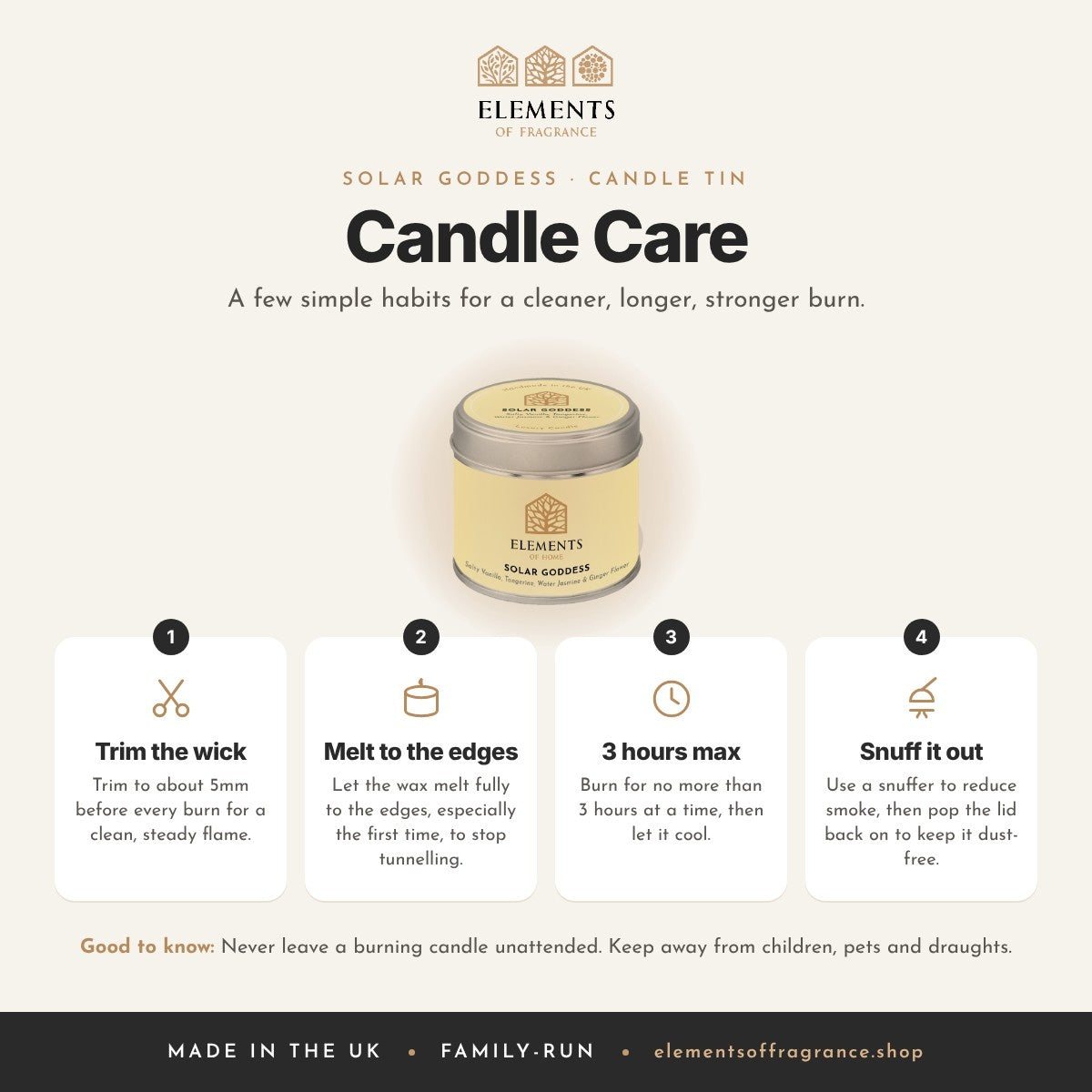 Candle care tips for the Solar Goddess Candle Tin