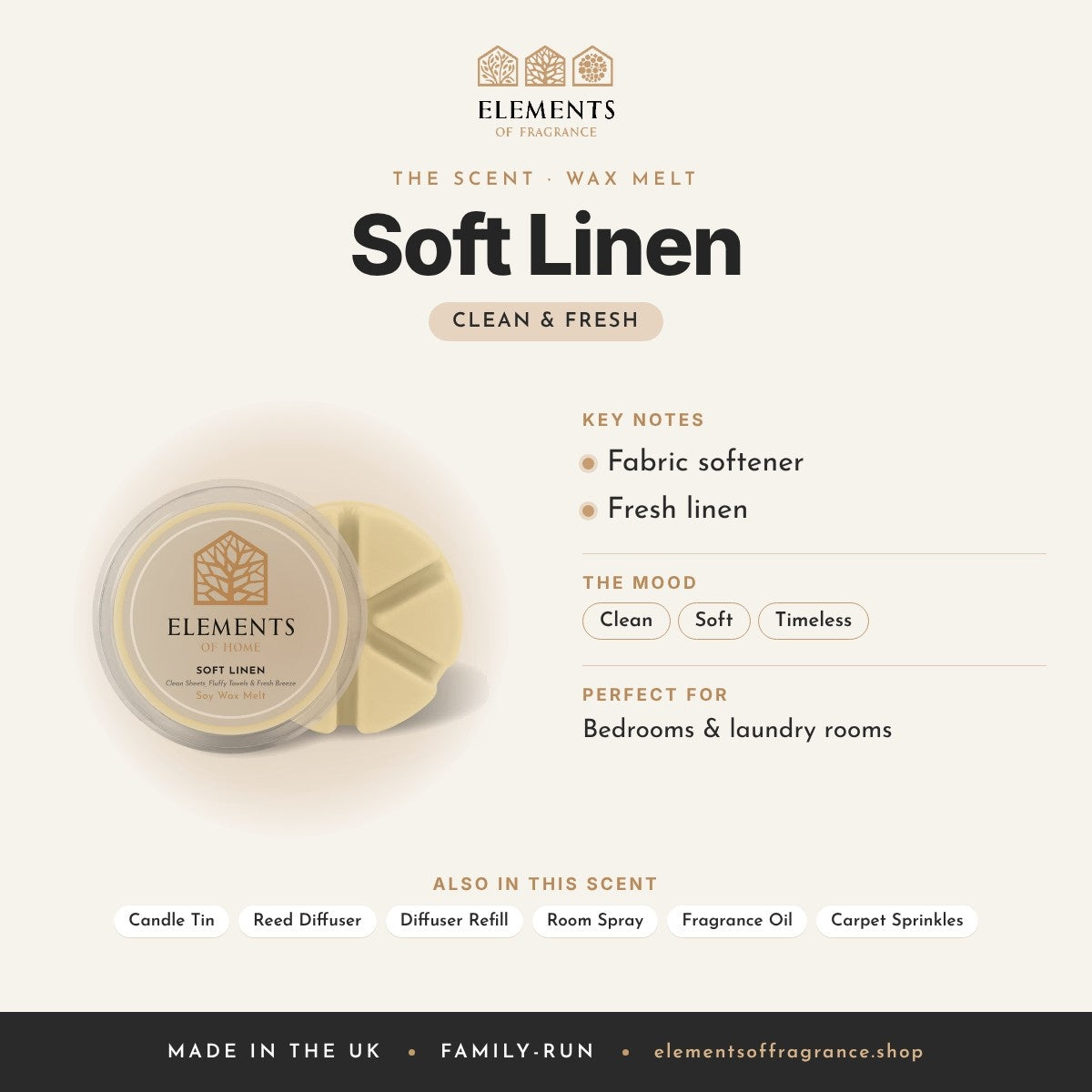 Soft Linen Wax Melt scent profile: clean & fresh with notes of fabric softener, fresh linen