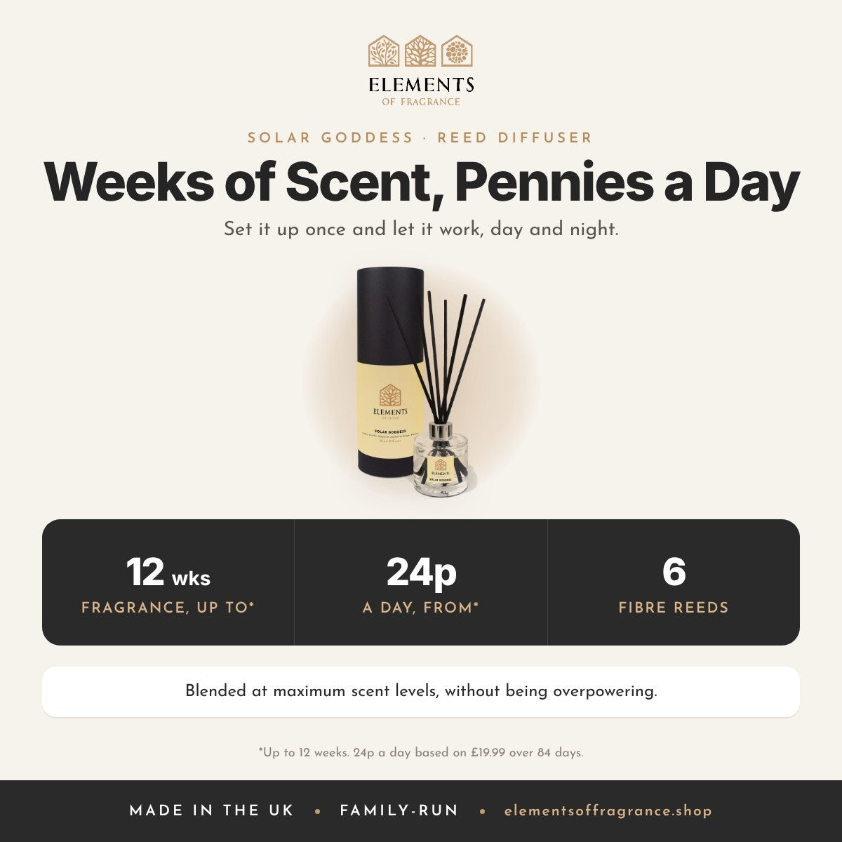 Solar Goddess Reed Diffuser: up to 12 weeks of fragrance from 24p a day, 6 fibre reeds