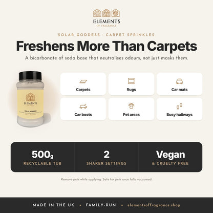 Solar Goddess Carpet Sprinkles: where to use, carpets, rugs, car mats, car boots, pet areas and hallways