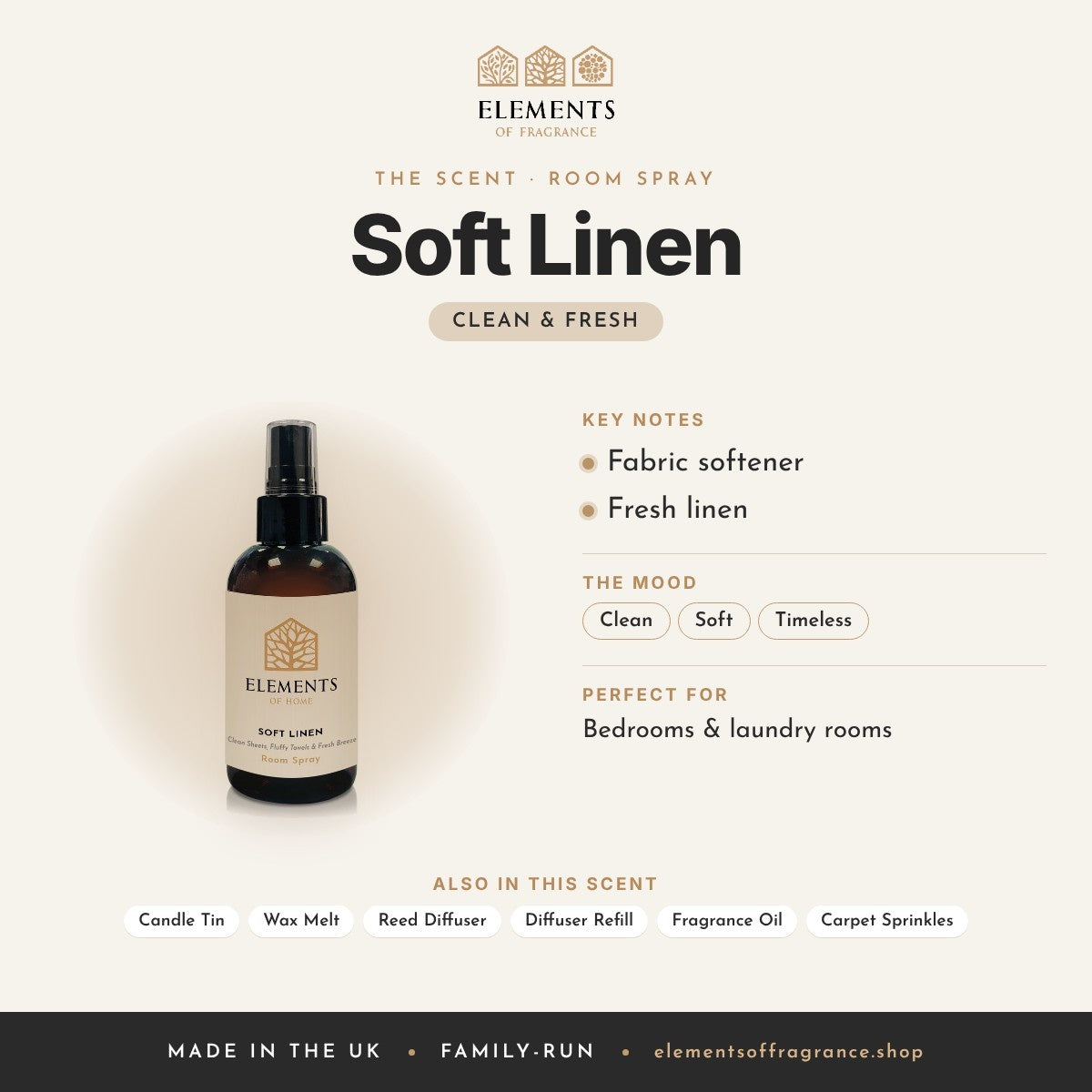 Soft Linen Room Spray scent profile: clean & fresh with notes of fabric softener, fresh linen