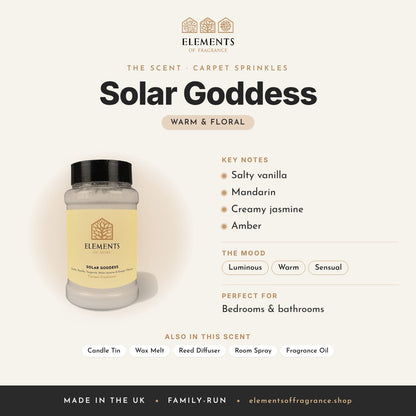 Solar Goddess Carpet Sprinkles scent profile: warm & floral with notes of salty vanilla, mandarin, creamy jasmine, amber
