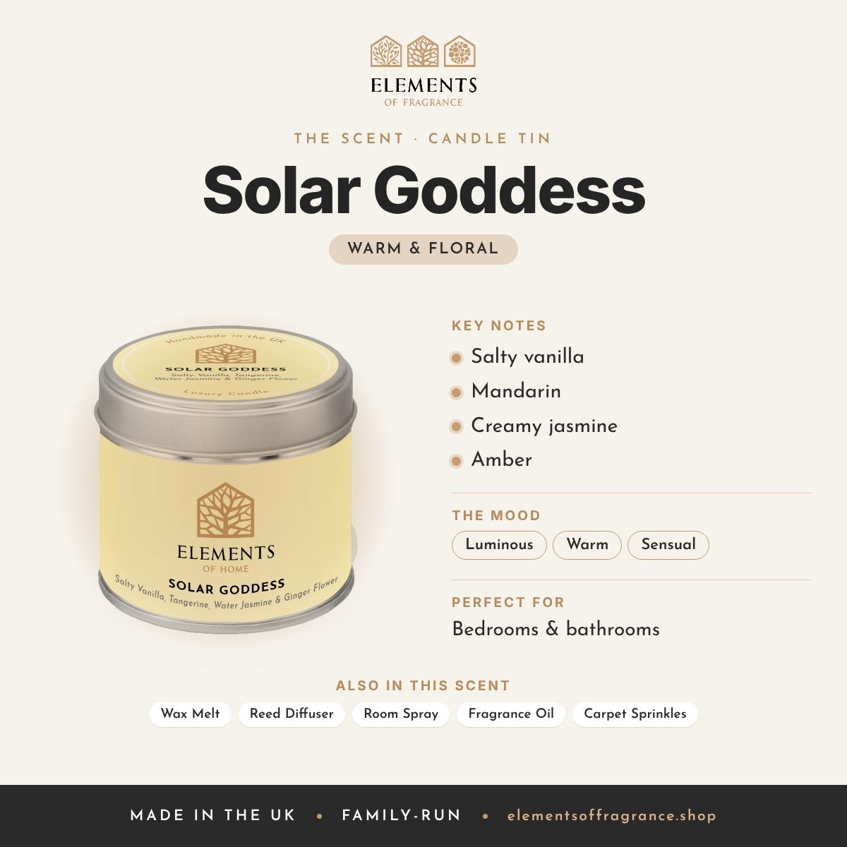 Solar Goddess Candle Tin scent profile: warm & floral with notes of salty vanilla, mandarin, creamy jasmine, amber