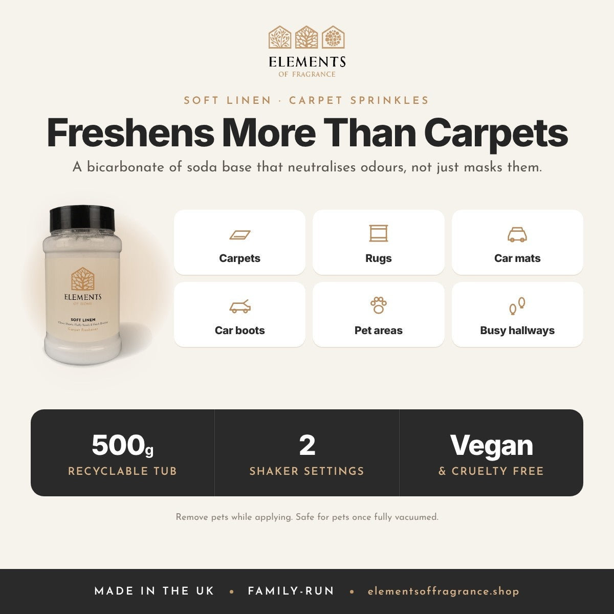 Soft Linen Carpet Sprinkles: where to use, carpets, rugs, car mats, car boots, pet areas and hallways