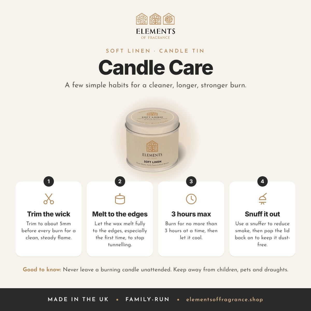 Candle care tips for the Soft Linen Candle Tin