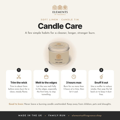 Candle care tips for the Soft Linen Candle Tin