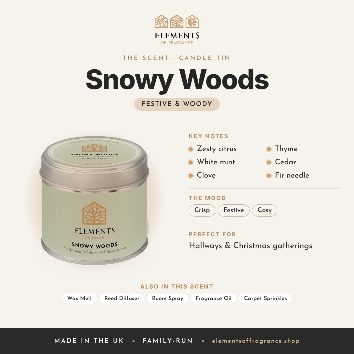 Snowy Woods Candle Tin scent profile: festive & woody with notes of zesty citrus, white mint, clove, thyme, cedar, fir needle