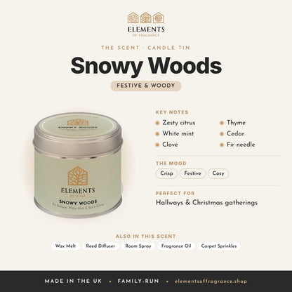 Snowy Woods Candle Tin scent profile: festive & woody with notes of zesty citrus, white mint, clove, thyme, cedar, fir needle