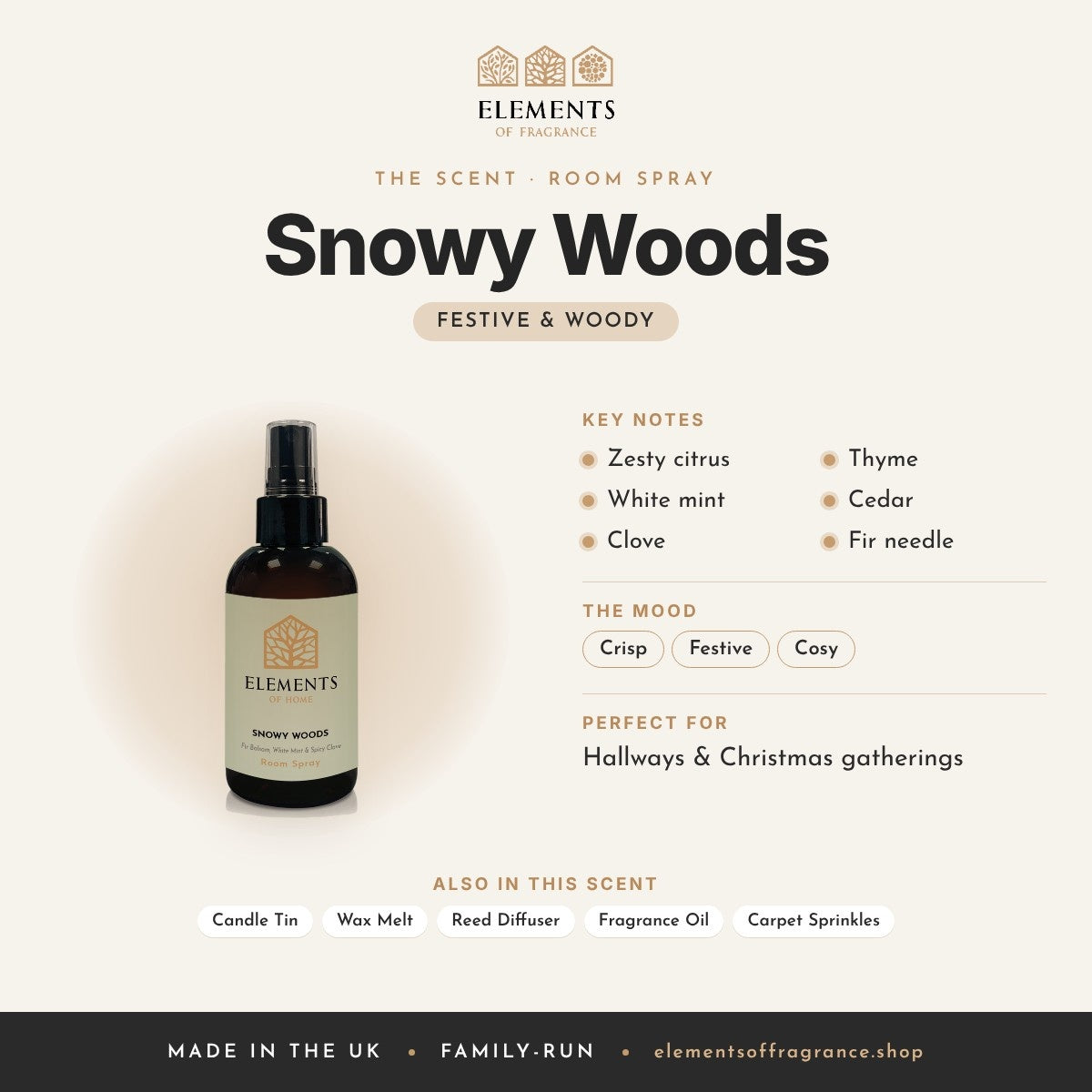 Snowy Woods Room Spray scent profile: festive & woody with notes of zesty citrus, white mint, clove, thyme, cedar, fir needle