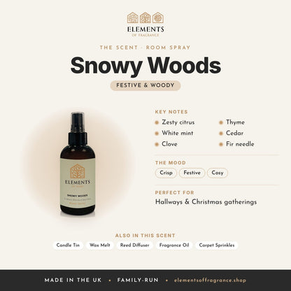 Snowy Woods Room Spray scent profile: festive & woody with notes of zesty citrus, white mint, clove, thyme, cedar, fir needle