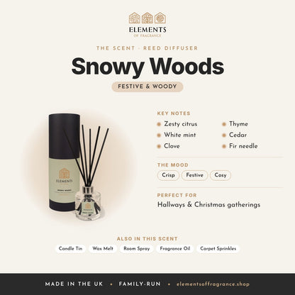 Snowy Woods Reed Diffuser scent profile: festive & woody with notes of zesty citrus, white mint, clove, thyme, cedar, fir needle