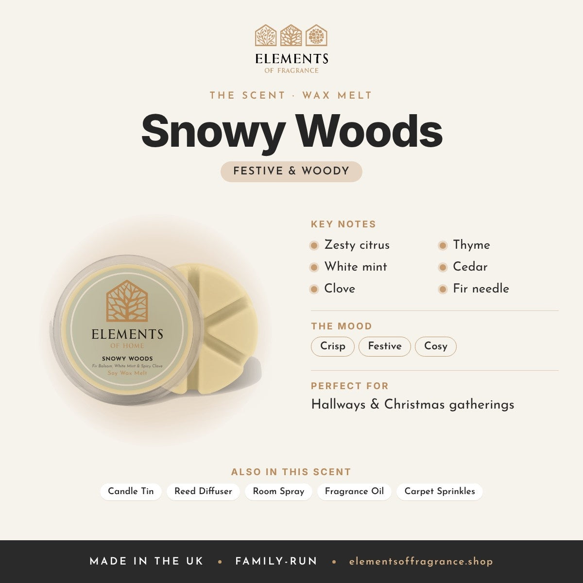 Snowy Woods Wax Melt scent profile: festive & woody with notes of zesty citrus, white mint, clove, thyme, cedar, fir needle