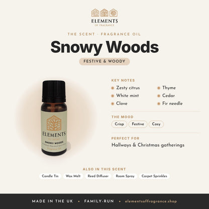 Snowy Woods Fragrance Oil scent profile: festive & woody with notes of zesty citrus, white mint, clove, thyme, cedar, fir needle