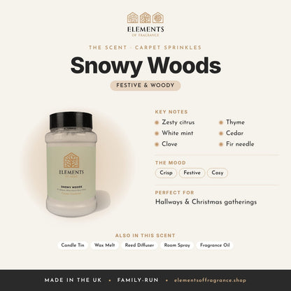 Snowy Woods Carpet Sprinkles scent profile: festive & woody with notes of zesty citrus, white mint, clove, thyme, cedar, fir needle