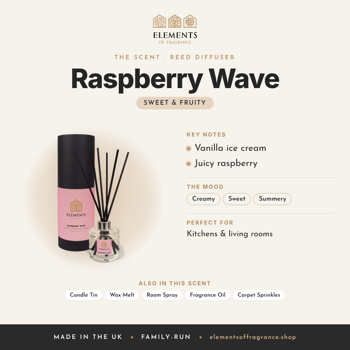 Raspberry Wave Reed Diffuser scent profile: sweet & fruity with notes of vanilla ice cream, juicy raspberry