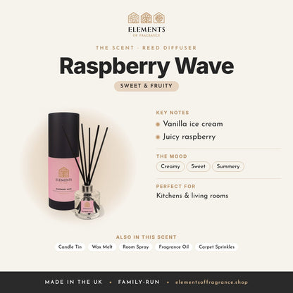 Raspberry Wave Reed Diffuser scent profile: sweet & fruity with notes of vanilla ice cream, juicy raspberry