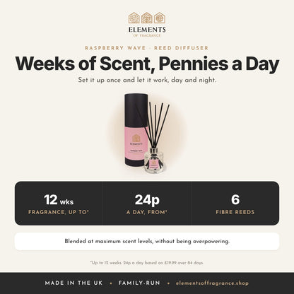 Raspberry Wave Reed Diffuser: up to 12 weeks of fragrance from 24p a day, 6 fibre reeds
