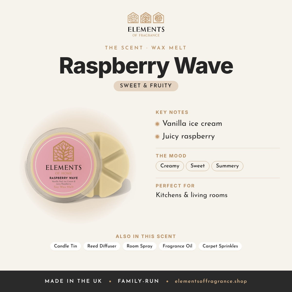 Raspberry Wave Wax Melt scent profile: sweet & fruity with notes of vanilla ice cream, juicy raspberry