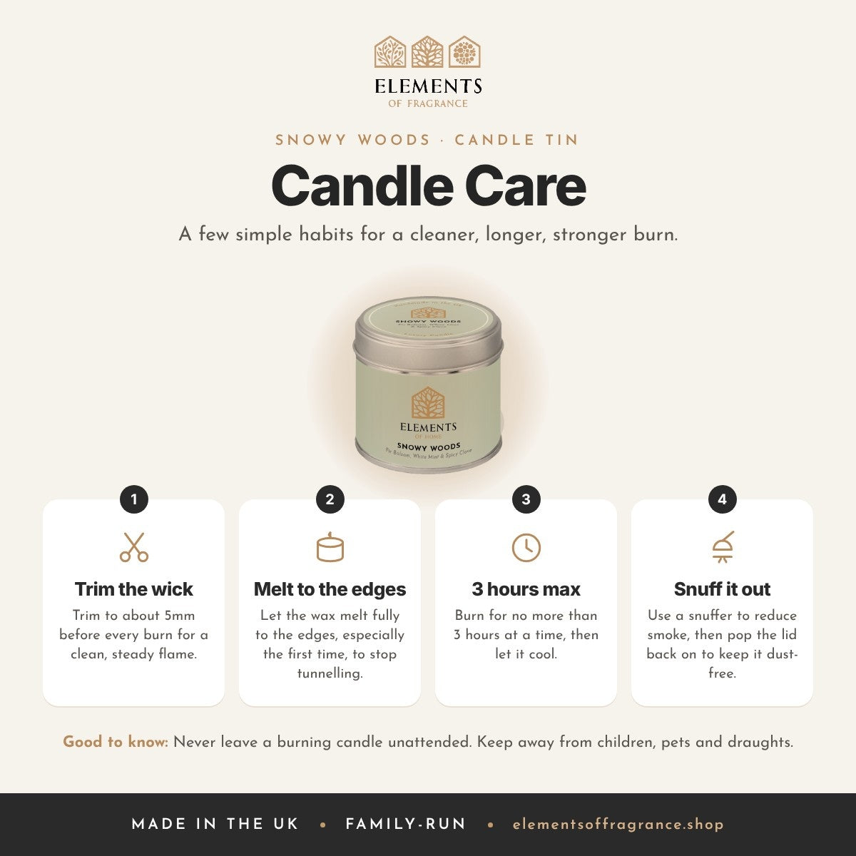 Candle care tips for the Snowy Woods Candle Tin