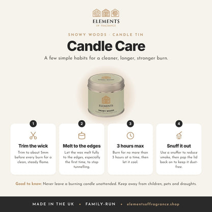Candle care tips for the Snowy Woods Candle Tin
