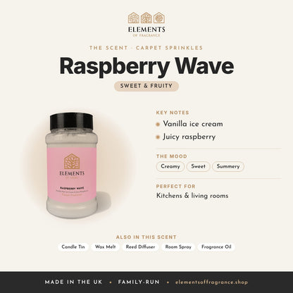 Raspberry Wave Carpet Sprinkles scent profile: sweet & fruity with notes of vanilla ice cream, juicy raspberry