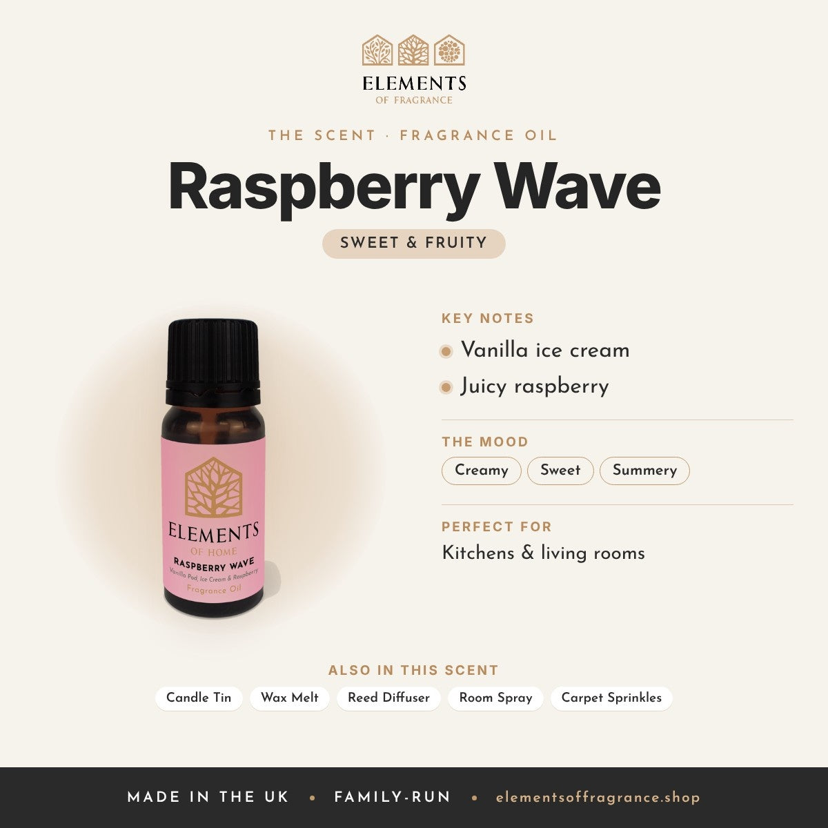 Raspberry Wave Fragrance Oil scent profile: sweet & fruity with notes of vanilla ice cream, juicy raspberry