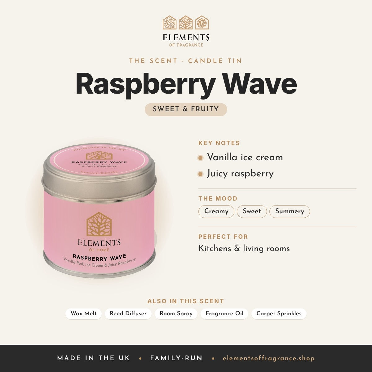 Raspberry Wave Candle Tin scent profile: sweet & fruity with notes of vanilla ice cream, juicy raspberry
