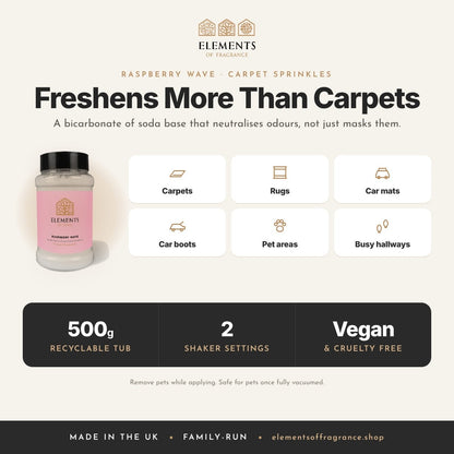 Raspberry Wave Carpet Sprinkles: where to use, carpets, rugs, car mats, car boots, pet areas and hallways