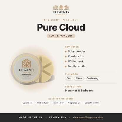 Pure Cloud Wax Melt scent profile: soft & powdery with notes of baby powder, powdery iris, white musk, gentle vanilla