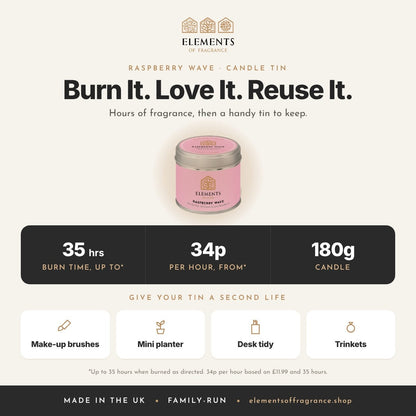 Raspberry Wave Candle Tin: up to 35 hours burn time, from 34p per hour, reusable tin