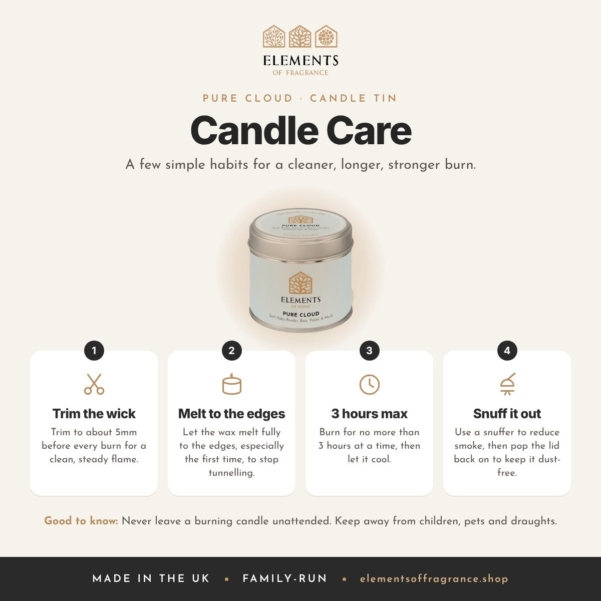 Candle care tips for the Pure Cloud Candle Tin