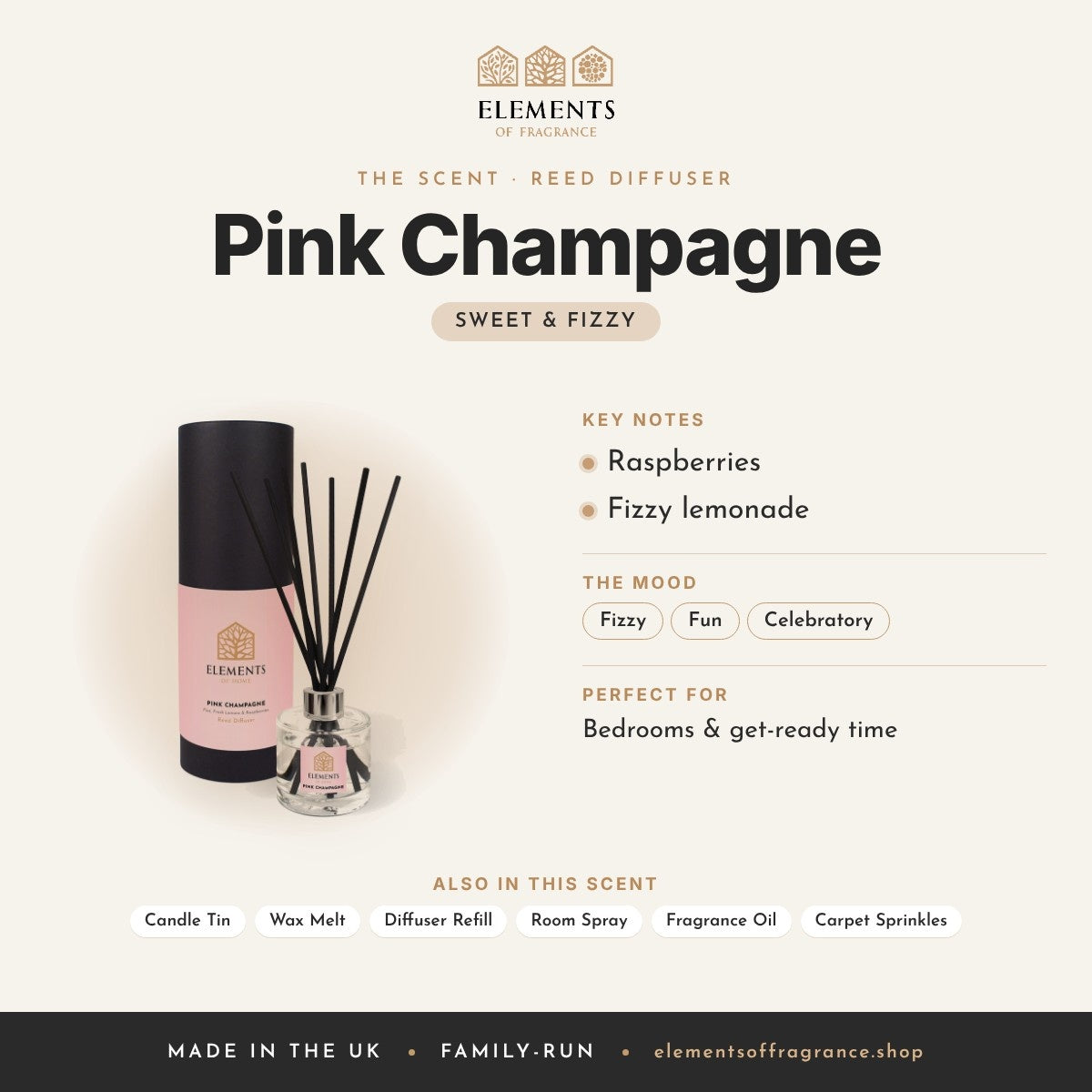 Pink Champagne Reed Diffuser scent profile: sweet & fizzy with notes of raspberries, fizzy lemonade