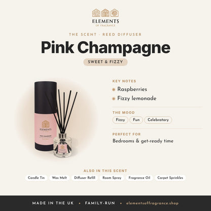Pink Champagne Reed Diffuser scent profile: sweet & fizzy with notes of raspberries, fizzy lemonade