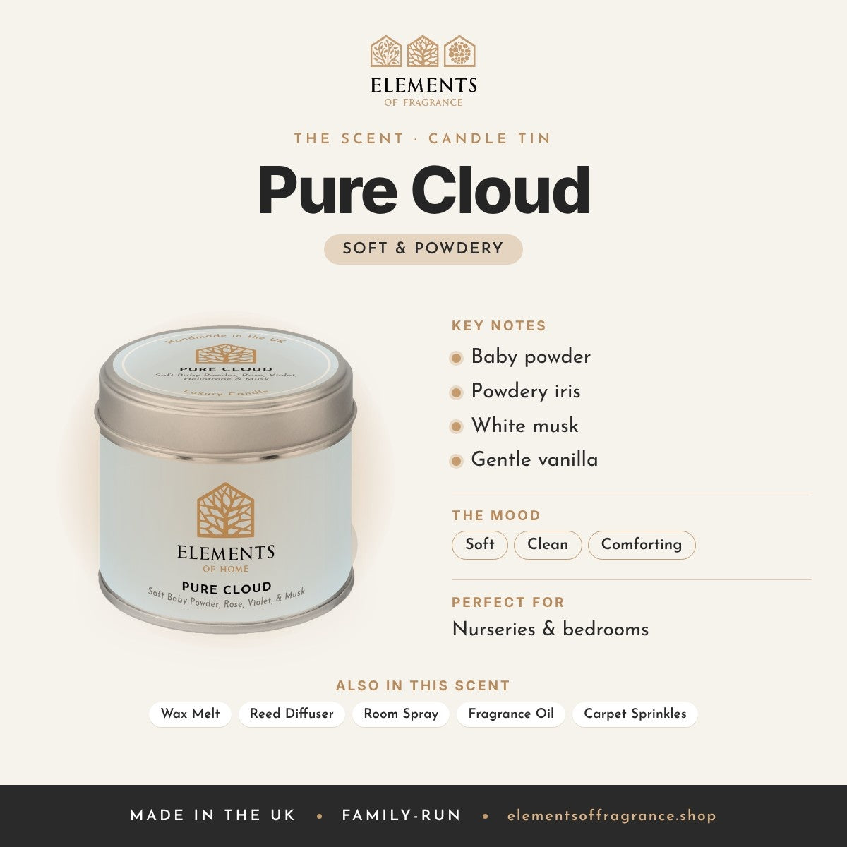 Pure Cloud Candle Tin scent profile: soft & powdery with notes of baby powder, powdery iris, white musk, gentle vanilla