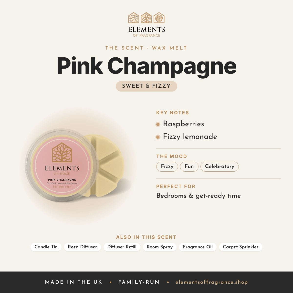 Pink Champagne Wax Melt scent profile: sweet & fizzy with notes of raspberries, fizzy lemonade