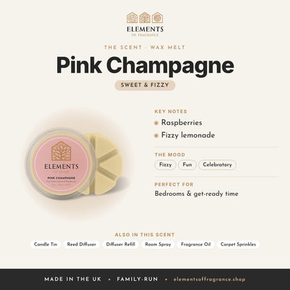 Pink Champagne Wax Melt scent profile: sweet & fizzy with notes of raspberries, fizzy lemonade
