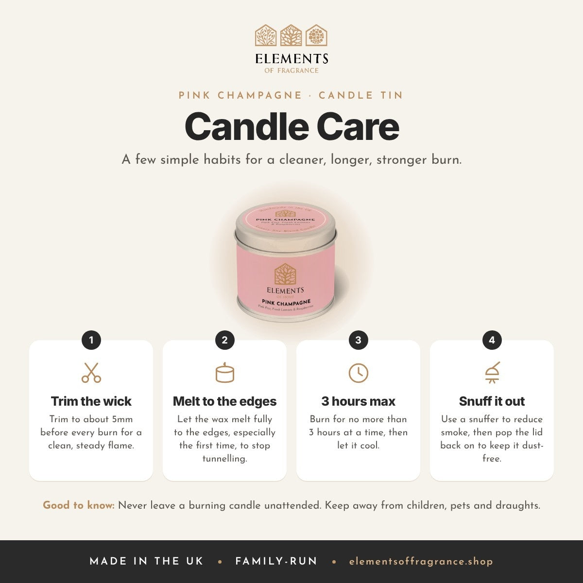 Candle care tips for the Pink Champagne Candle Tin