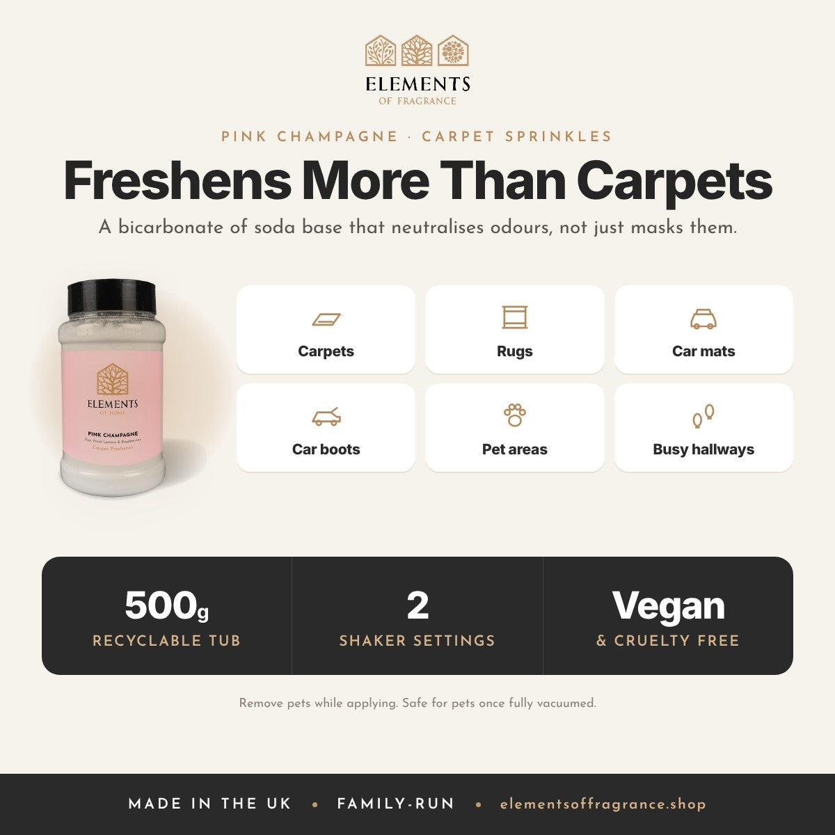 Pink Champagne Carpet Sprinkles: where to use, carpets, rugs, car mats, car boots, pet areas and hallways